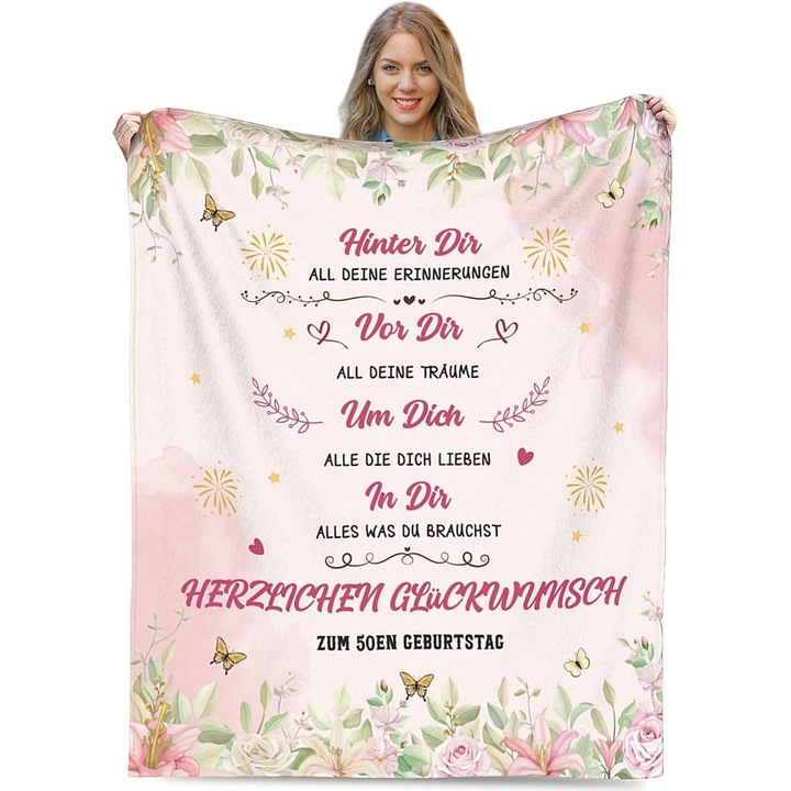 Patura 50 de ani pentru femei, design original, 130x150 cm, multicolor