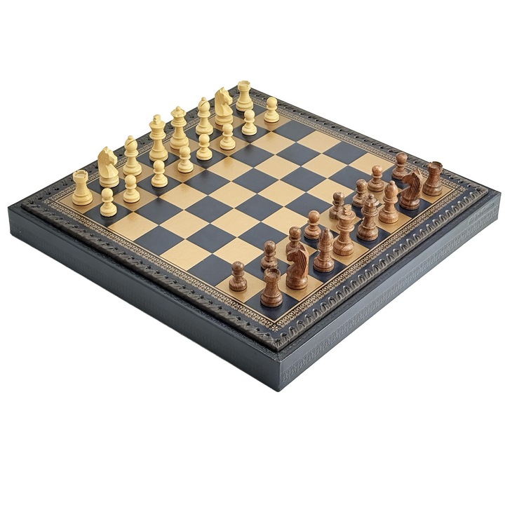 Set de jocuri 3 in 1 din lemn de acacia, Italfama, piese de sah, dame si table, culoare aurie si albastru inchis, dimensiuni tabla 35x35x4cm