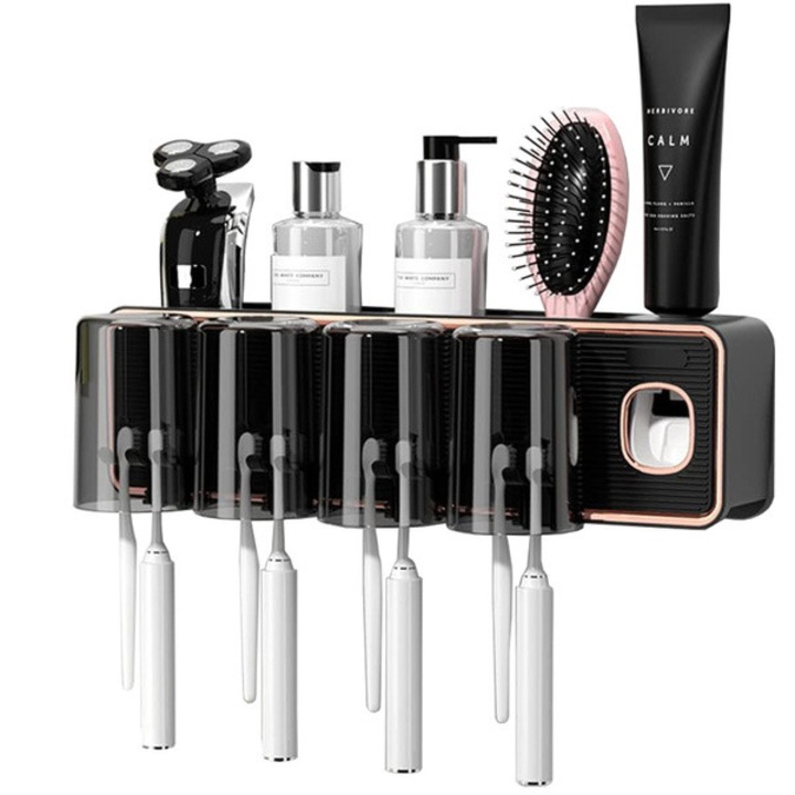 Dispenser pasta de dinți, Verk Group, suport periute cu cupe, 4 suporturi, 4 pahare, negru