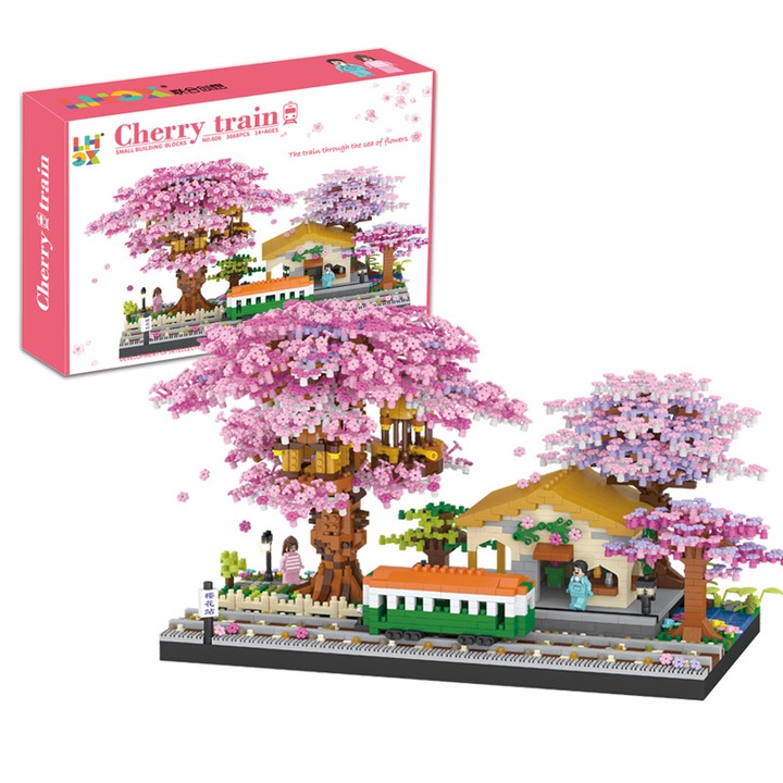 Set de blocuri de constructie Sakura Train, scena de gara japoneza, flori de cires, dimensiuni variate