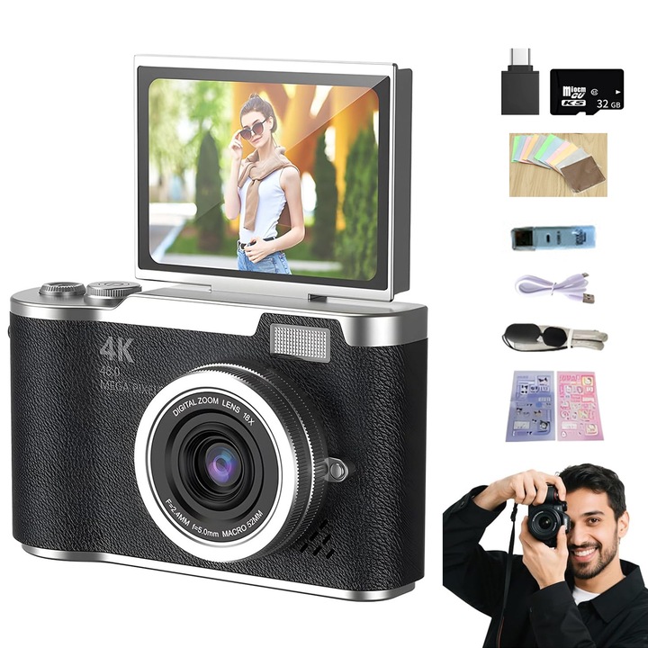 4K digitális fényképezőgép, magas megapixeles, HD kép, 32 GB-os memóriakártyával, kártyaolvasóval, adapterrel, töltőkábellel, tisztítókendővel és további 7 tartozékkal felszerelve, kompakt és hordozható, fekete