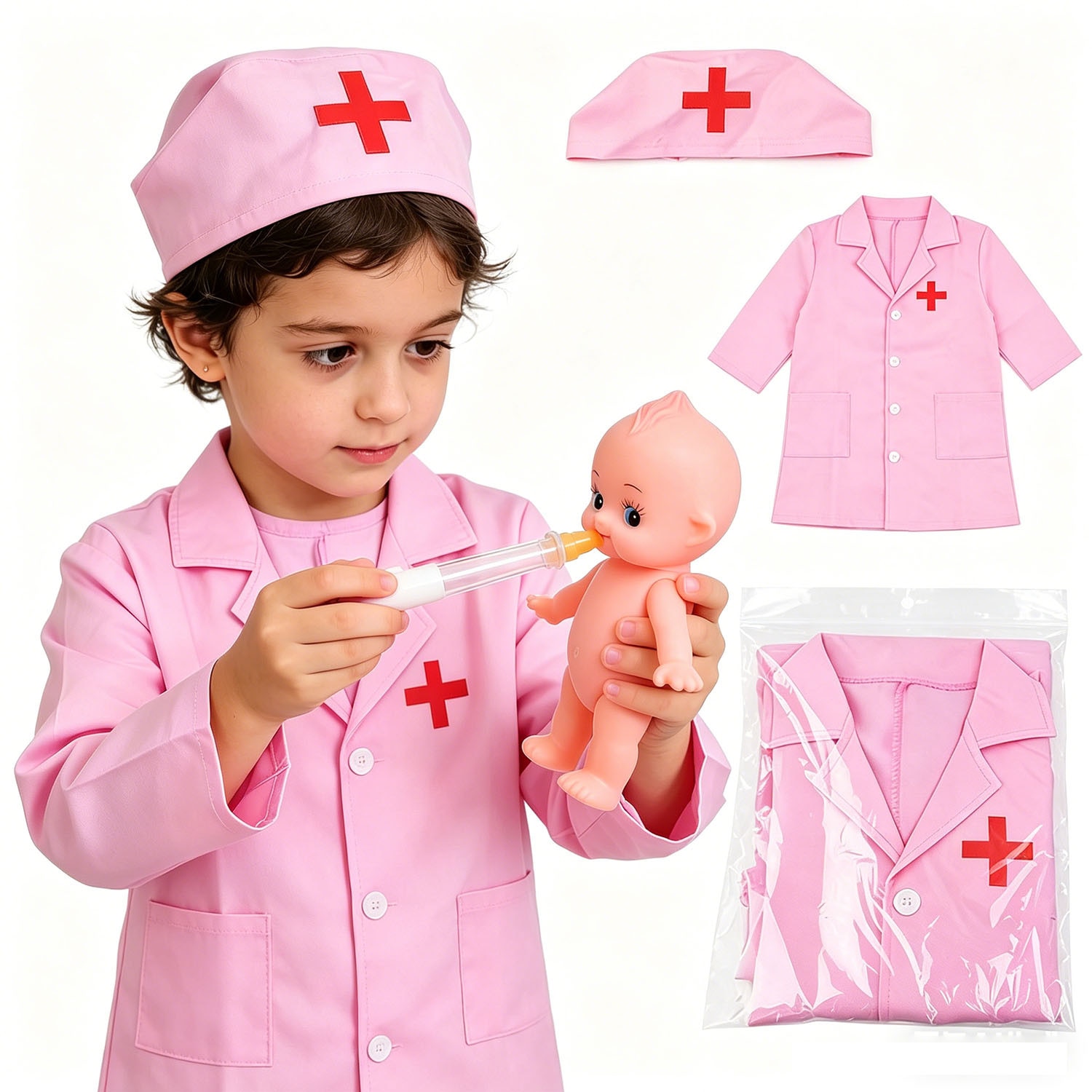 Set joaca doctor, Costum Medic cu Halat Roz, pentru copii peste 3 ani ...