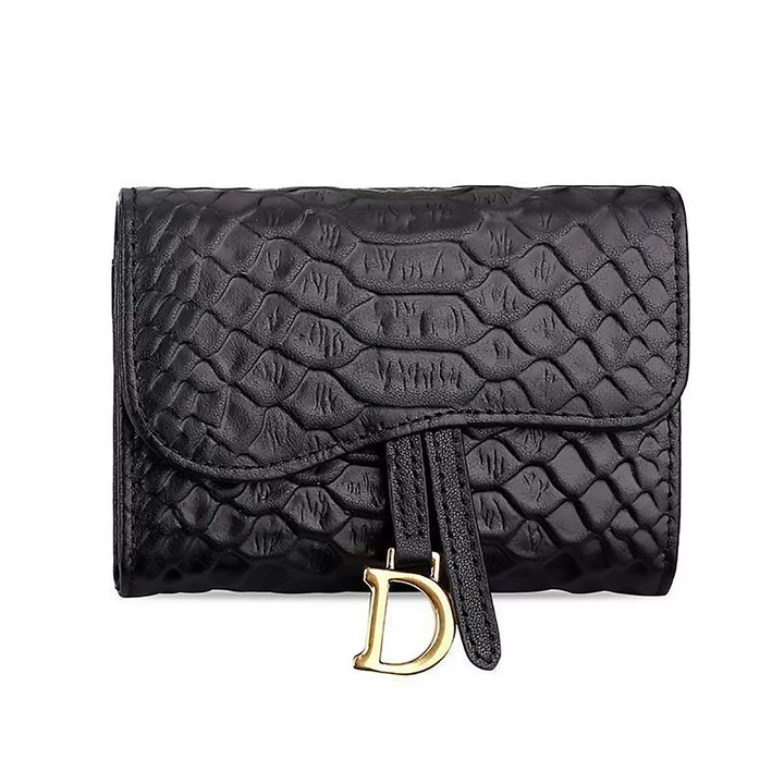 Portofel dama din piele ecologica, design texturat, 10 compartimente pentru carduri, negru, 11x9x3 cm