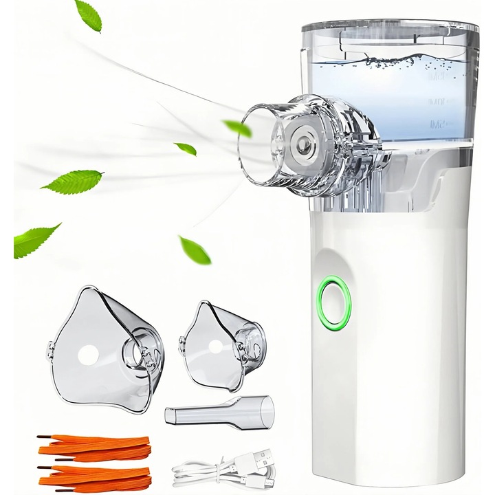 Nebulizator portabil, BOMSTOM, 2 moduri de pulverizare, alb, 11x4.5cm, set complet cu masti pentru adulti si copii