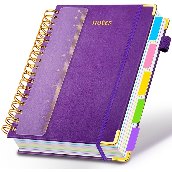 Jurnal, BYONDSELF®, cu Spira Metalica, Format A5, 270 de Pagini, Jurnal, cu Separatoare, Liniate, cu Masura, Coperta din Piele, Margini Metalice, Hartie de Inalta Calitate, Usor de Scris, pentru Serviciu, Acasa, Scoala si Calatorii, Mov