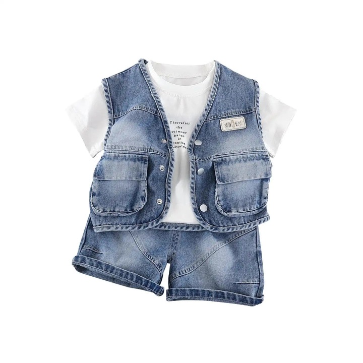 Compleu copii PHIKER, vesta din denim, tricou din bumbac, pantaloni scurti, albastru, 100cm