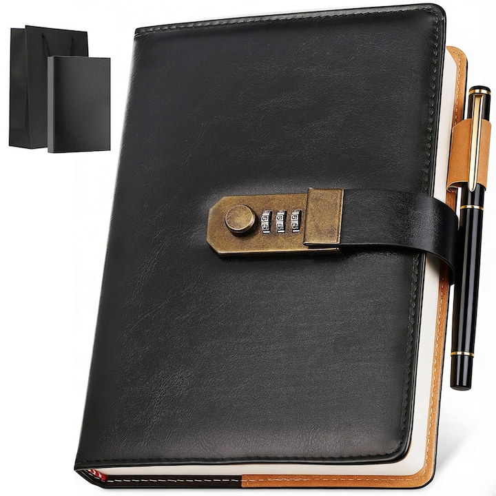 Jurnal cu Lacat, BYONDSELF®, Format A5, 200 de Pagini, Inclusiv Stilou, Coperta din Piele, Liniate, Hartie de Inalta Calitate, Usor de Scris, pentru Serviciu, Acasa, Scoala si Calatorii, Executiv, cu Cutie si Punga Cadou, Negru