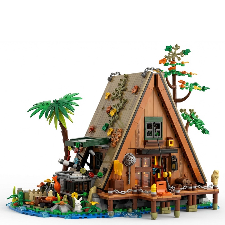Set de Constructie Cabana din padure, 1486 buc, Excitat®, iluminat LED, A-frame, Compatibil cu LEGO, Maro