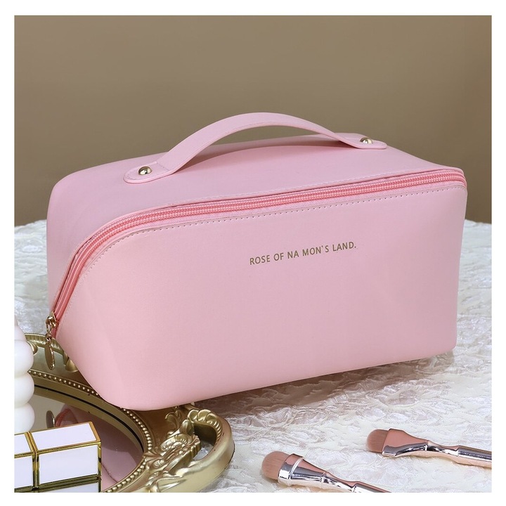 Geanta Cosmetic pentru Calatorii de Capacitate Mare, Geanta de Toaletata Portabila Impermeabila din Piele PU cu Manere si Compartimente, Organizator de Machiaj Plat, 23*11.5*12.5cm, roz