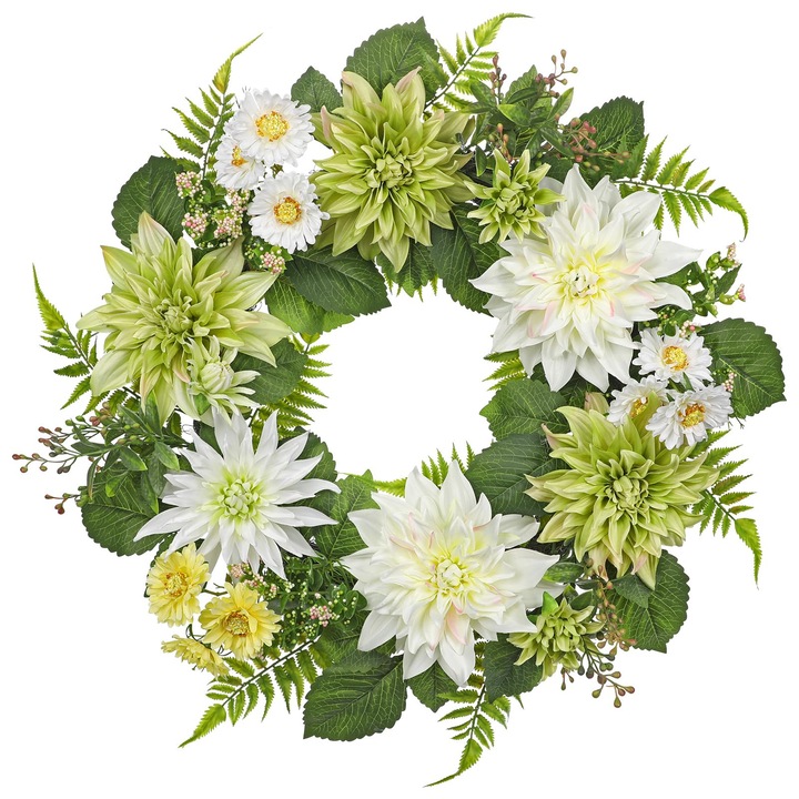 Coronita decorativa cu flori artificiale de dalie, 60 cm, alb, pentru usi de intrare