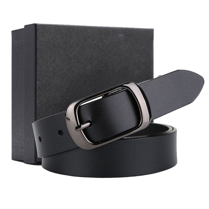 Női öv, valódi bőr, klasszikus modell, fekete, fém csat tűvel, 115 CM