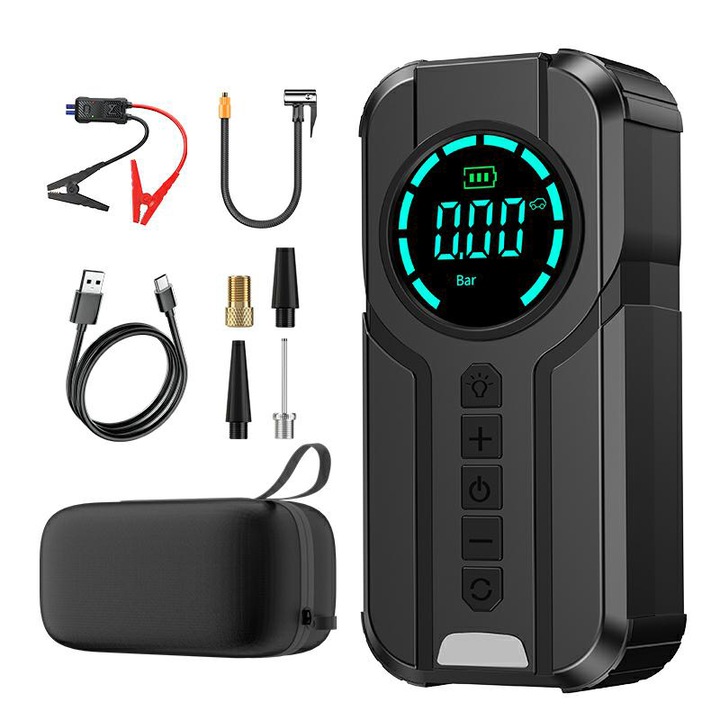 Starter auto si compresor aer 4-in-1, Rqiurpn, 12V, 10000 mAh, 150PSI, Starter Baterie, Display digital, 3 moduri de lumina LED, Powerbank USB, Portabil, Clesti inteligenti si husa transport incluse, Pentru motor Benzina sau Diesel, Negru