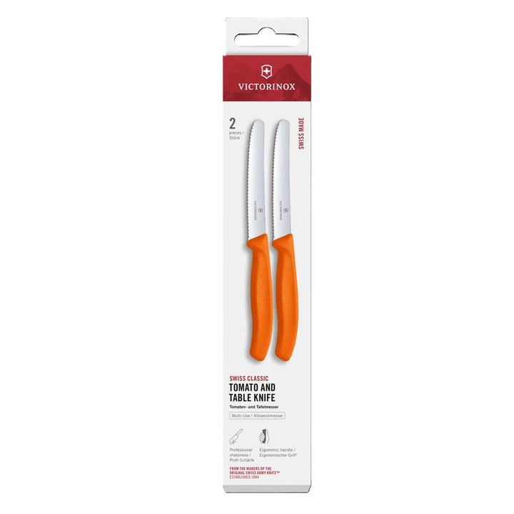 Комплект от два ножа за домати Victorinox, Swiss Classic, 11 см., назъбено острие, оранжеви, кутия