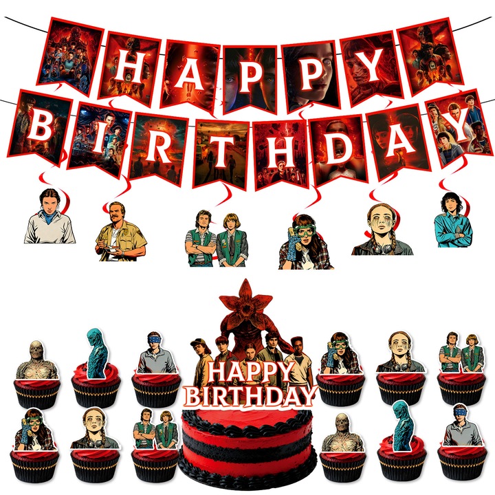 Комплект аксесоари за тематично парти Stranger Things, 4 части (1 банер + 1 голям удължител + 24 малки удължители + 6 висящи орнамента)