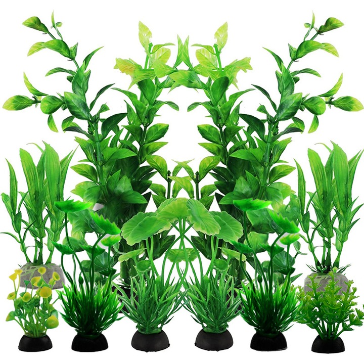 Set 10 Planta artificiala acvariu, BOMSTOM, Reutilizabile, Non-toxic si inofensiv, Usor de curatat, Frunze moi, Radacina detasabila, Baza stabila, Rezistent la deformare, Verde