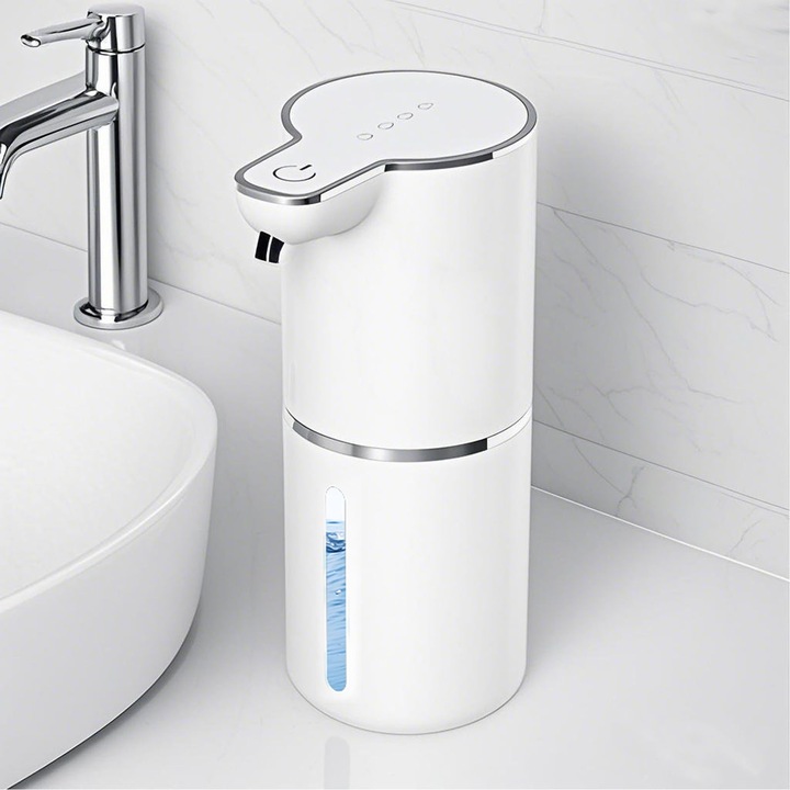 Dispenser Automat de Sapun Spuma, Capacitate 380 ml, Senzor Inteligent Touchless, Material Ecologic, Pentru Baie, Bucatarie si Birou, Elegant, Dozare 0.3/0.8/1.5/2 ml, Alb