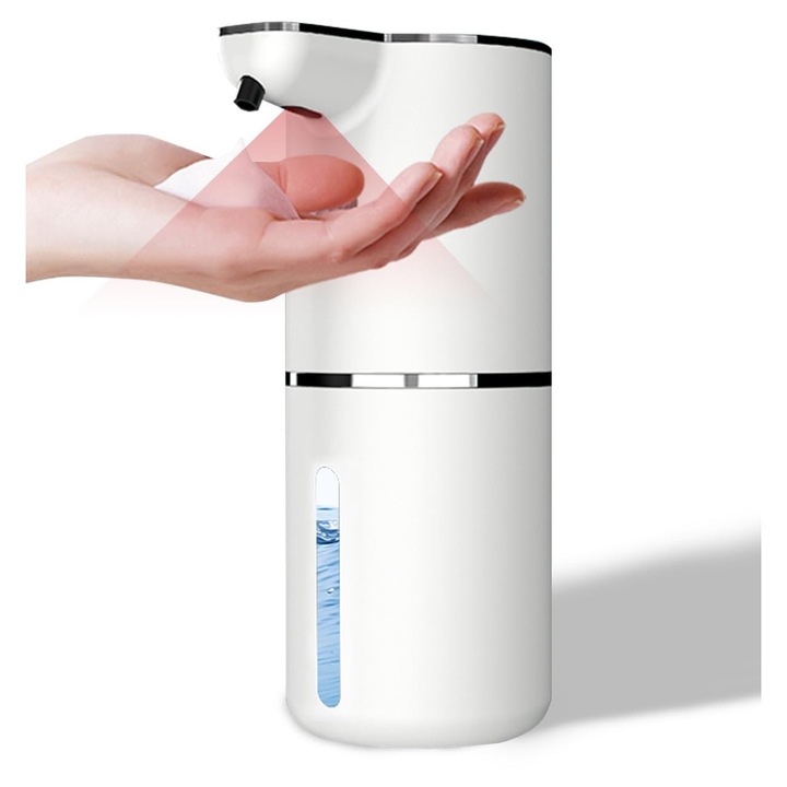 Dispenser Automat de Sapun Spuma, Capacitate 380 ml, Senzor Inteligent Touchless, Material Ecologic, Pentru Baie, Bucatarie si Birou, Elegant, Dozare 0.3/0.8/1.5/2 ml, Alb