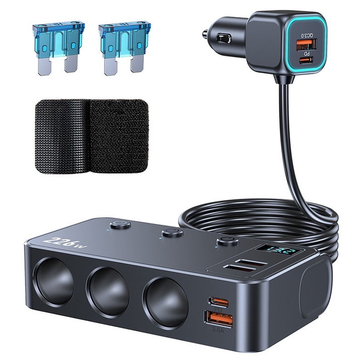 Rqiurpn autós szivargyújtó elosztó, 3 aljzat, gyors töltés 226W, LED, 12V/24V