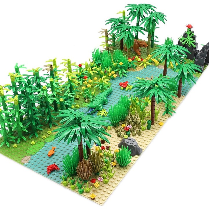 Set de Constructie Padure Tropicala”, Excitat®, 578buc, Include 2 placi de baza, Compatibil cu LEGO, plastic ABS, Scena cu Padure, Gradina si Plante