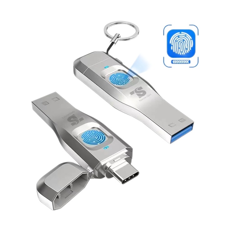 USB pendrive 32 GB, USB 3.0 + Type-C, ujjlenyomat titkosítás, ezüst