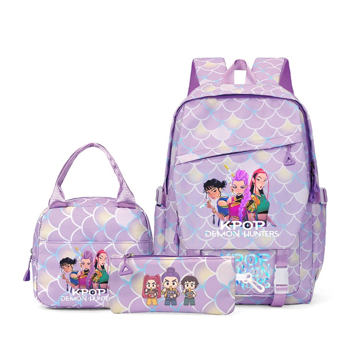 K-pop Witcher iskolatáska szett (iskolatáska + uzsonnás táska + tolltartó), többszínű, 29x15x43cm, A1 méret