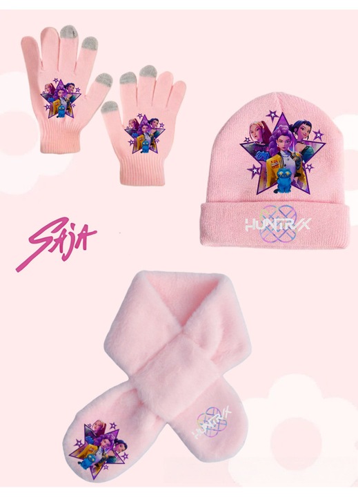 Set 3 piese: caciula, fular si manusi, grafica vanator de vrajitoare, roz, Z-10