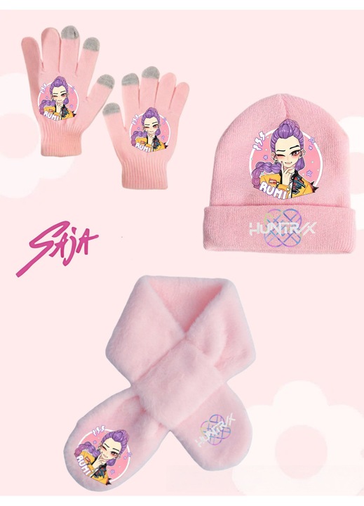 Set 3 piese: caciula, fular si manusi, grafica vanator de vrajitoare, roz, Z-8