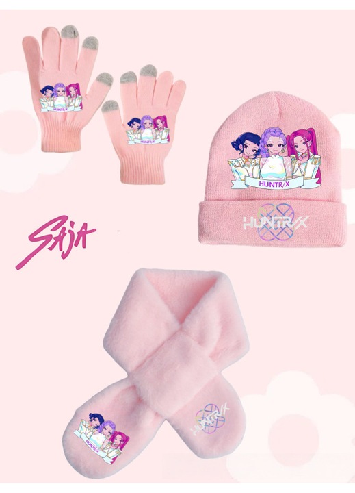 Set 3 piese: caciula, fular si manusi, grafica vanator de vrajitoare, roz, Z-7