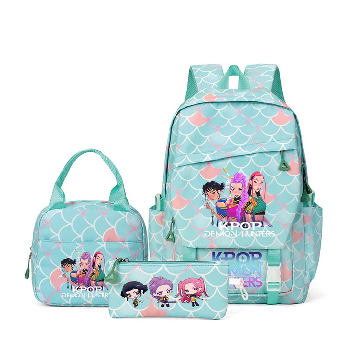 Set ghiozdan scolar KPOP Witcher Girls (ghiozdan + geanta de pranz + penar), multicolor, 29x15x43cm, dimensiune B2.