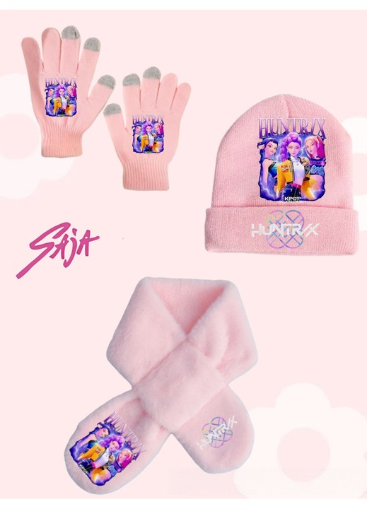 Set 3 piese: caciula, fular si manusi, grafica vanator de vrajitoare, roz, Z-1