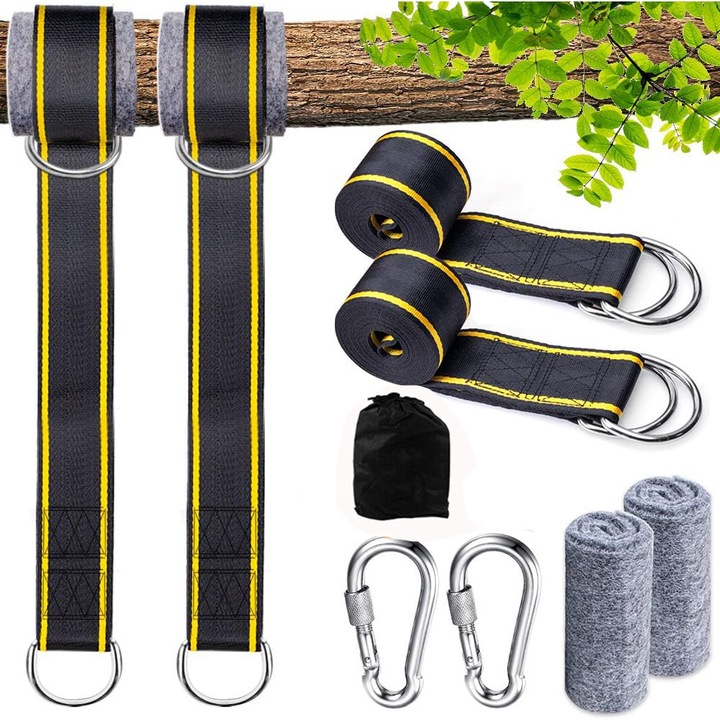 Set De Fixare pentru hamac sau leagan, Bedee, Capacitate maxima de incarcare 800 kg, Curea de leagan 1,5 m x 2 + carabina x 2 + protectie pentru copac x 2 + curea Velcro x 2 + geanta de depozitare, Negru/Galben