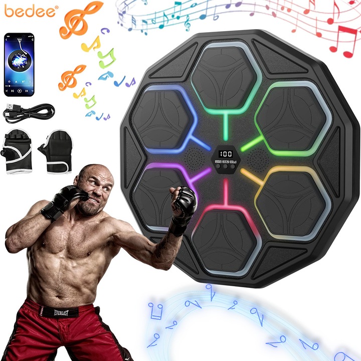 Masina de box muzicala, Bedee, cu manusi de boxmuzica, Bluetooth, 11 viteze, 3 moduri de antrenament, mod de numarare, mod PK pentru doi jucatori, ajuta la ameliorarea stresului, potrivit pentru orice membru al familiei, Negru/Multicolor