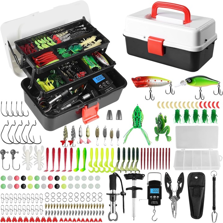 Set 213 momeli artificiale si accesorii pentru pescuit, Bedee, cu momeala, greutati de plumb, carlige, cleste de pescuit, echipament de pescuit pentru biban si pastrav, Potrivit pentru pescuit in aer liber