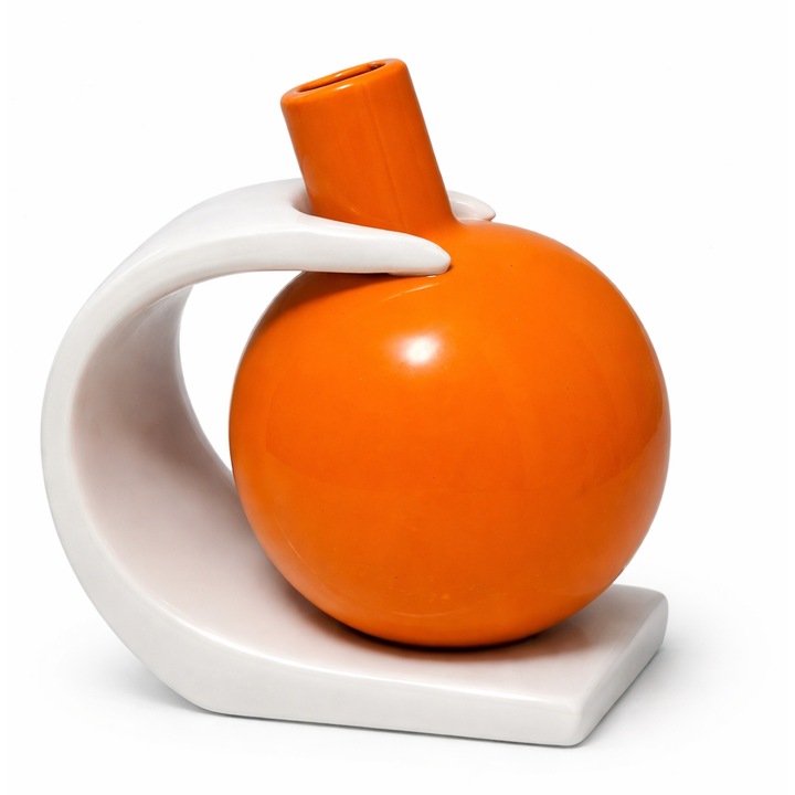 Vaza decorativa moderna din ceramica, model sferic alb-portocaliu, design abstract premium, 17×17×12 cm – ideala pentru decor si cadou