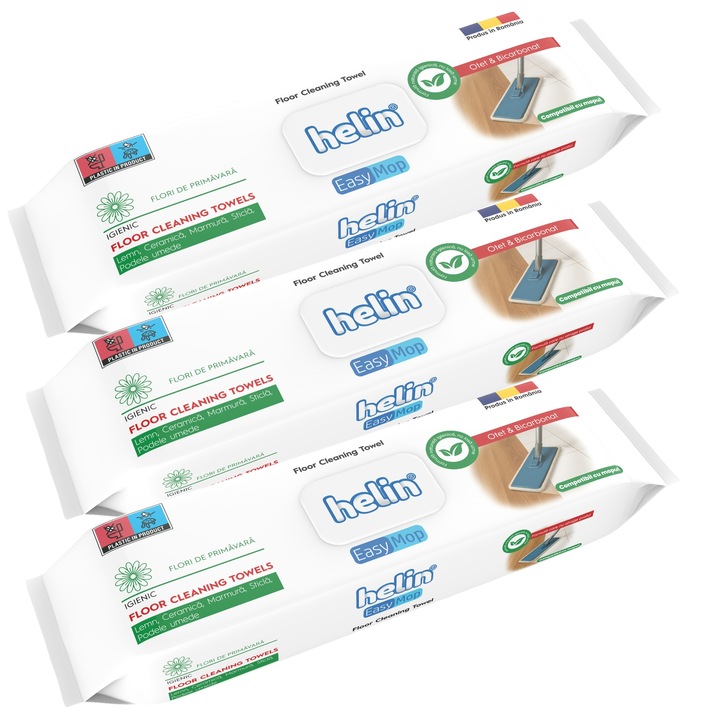 PACHET 3 X Servetele umede pentru mop si suprafete multiple Helin parfum Flori de Primavara cu bicarbonat si otet alb, 36 bucati, fara clor si coloranti