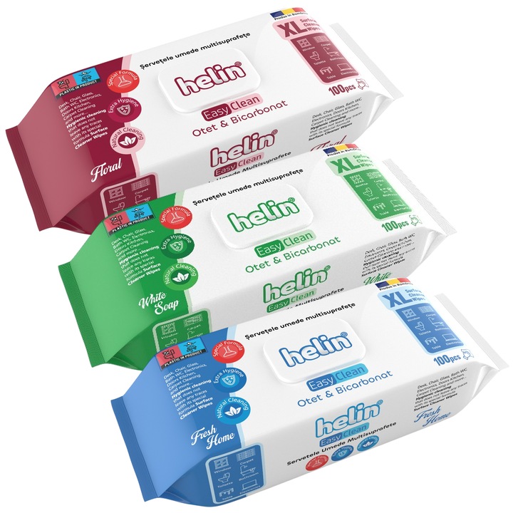 SET 3 X Servetele Umede Helin MIX Multisuprafete cu Otet si bicarbonat, 100 Buc, igienice, fara clor