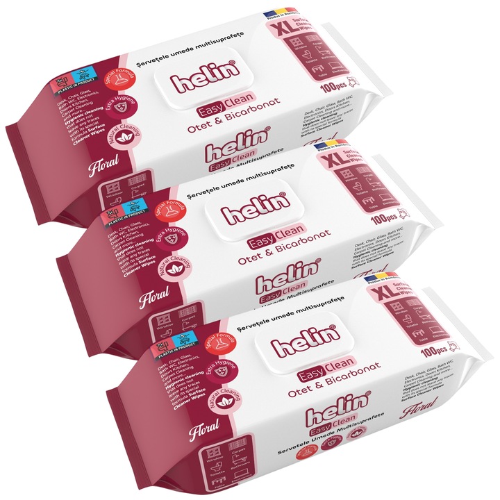 PACHET 3 X Servetele Umede Helin FLORAL Multisuprafete cu Otet si bicarbonat, 100 Buc, igienice, fara clor