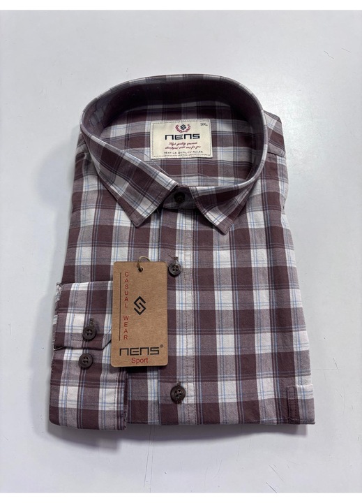 Camasa cu maneca lunga pentru barbati, Regulat fit, Nens, Model cu carouri-2002, Alb/Maro/Albastru, 3XL