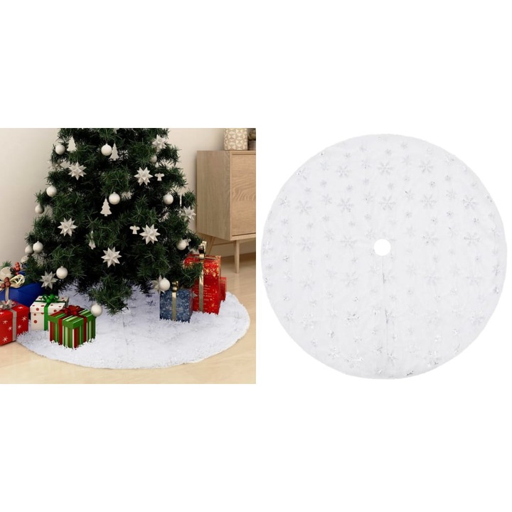 Covor fusta brad Craciun de lux, alb, 150 cm, blana artificiala