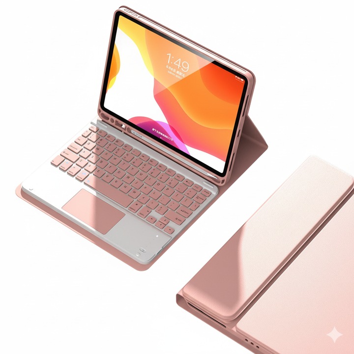 Levehető Bluetooth billentyűzet és érintőpad tok iPad 11 (A16) / iPad 10 (10.9") készülékhez, Stylus mellékelve, LIXR-03EN®, rózsaszín