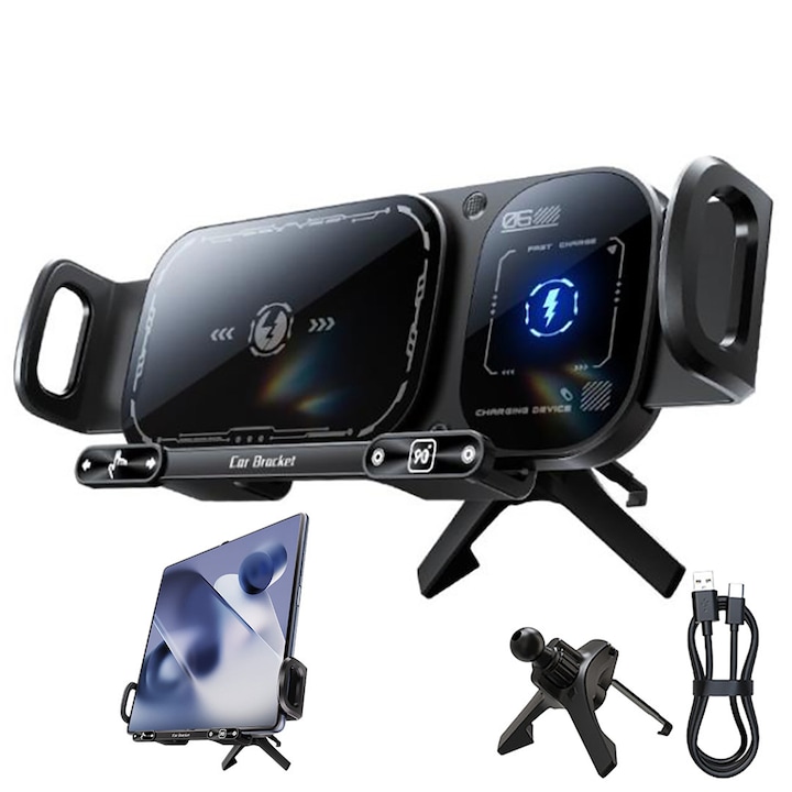 Suport Auto Telefon Incarcare Wireless 15W Fast Charge, AHA PRINT®, Rotire Automata 90°, Prindere Automata cu Senzor Inteligent, Tehnologie Incarcare Dubla, Sigura, Compatibil Telefoane Standard si Pliabile, Fold, Flip, Universal, Stabilitate Maxima
