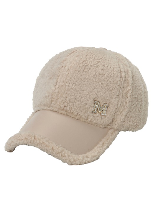 Palarie de iarna cu orificiu in coada de cal pentru femei si barbati, sapca de baseball din piele PU, model patchwork, din lana de miel, bej