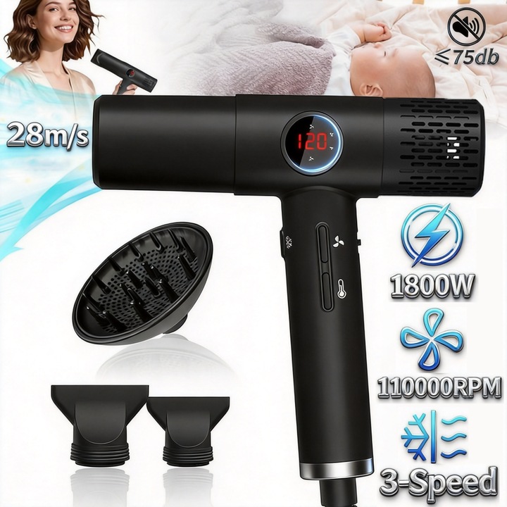 Uscator de par profesional, Tressino, 110.000 RPM, 240V, 1800 W, Ioni negativi, Afisare Temperatura, Cu 3 viteze si 5 trepte de temperatura, Set 3 Accesorii, Uscarea rapida, Lungimea cablului 2.5m, Negru