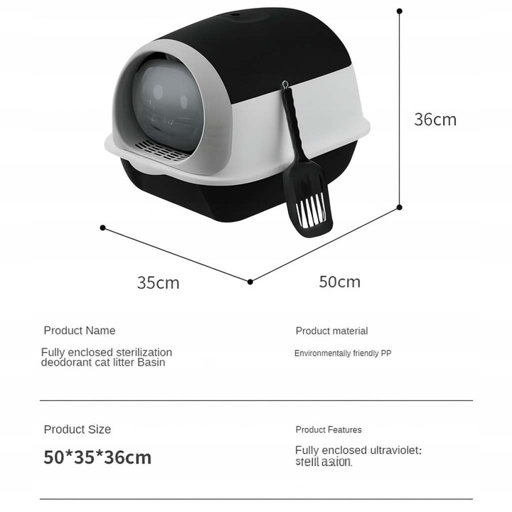 Litiera inchisa pentru pisici cu lopatica, alb/negru