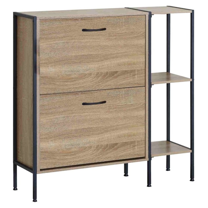 Dulap pantofi DacEnergy©, fabricat din PAL, structura din otel, manere elegante din plastic, 88 x 24 x 87 cm, stejar si negru