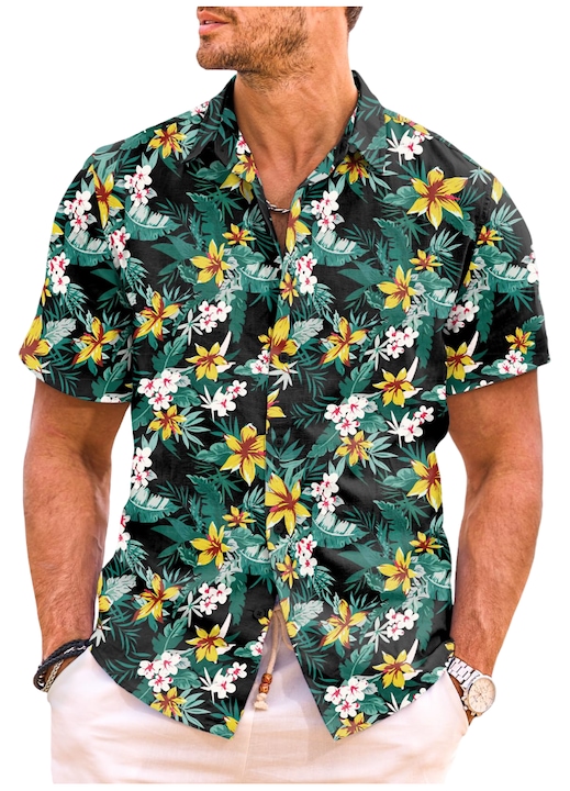 Camasa barbati, tropicala, verde, scurta, de plaja