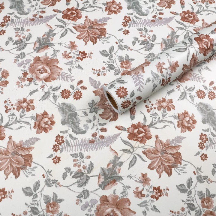 Folie autocolanta pentru mobila si pereti, 40x300cm, alb cu flori, stil vintage