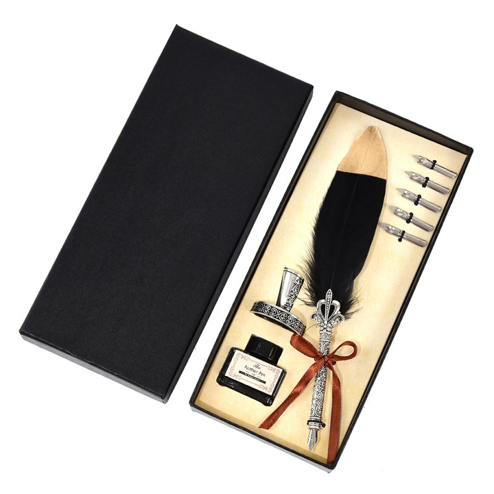 Set stilou cu pana de gasca vintage, 5 varfuri, cerneala si suport, negru