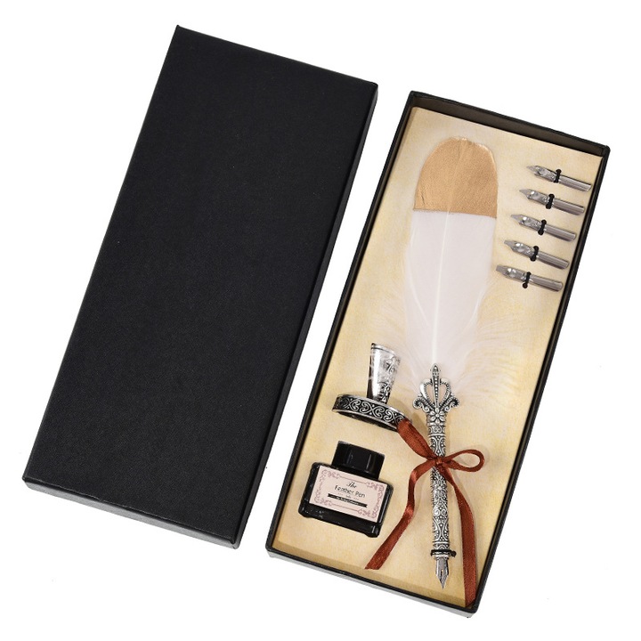 Set stilou cu pana de gasca vintage, 5 varfuri, cerneala si suport, alb