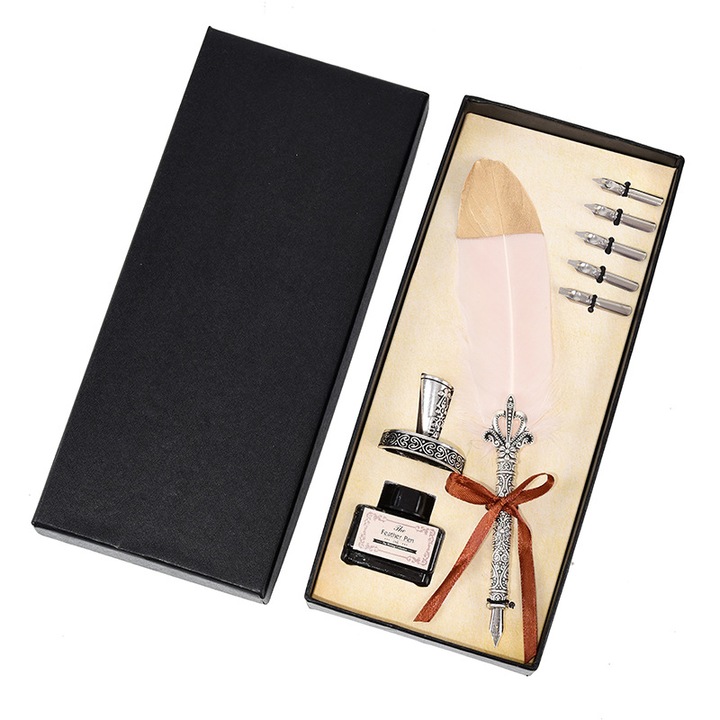 Set stilou cu pana de gasca vintage, 5 varfuri, cerneala si suport, roz